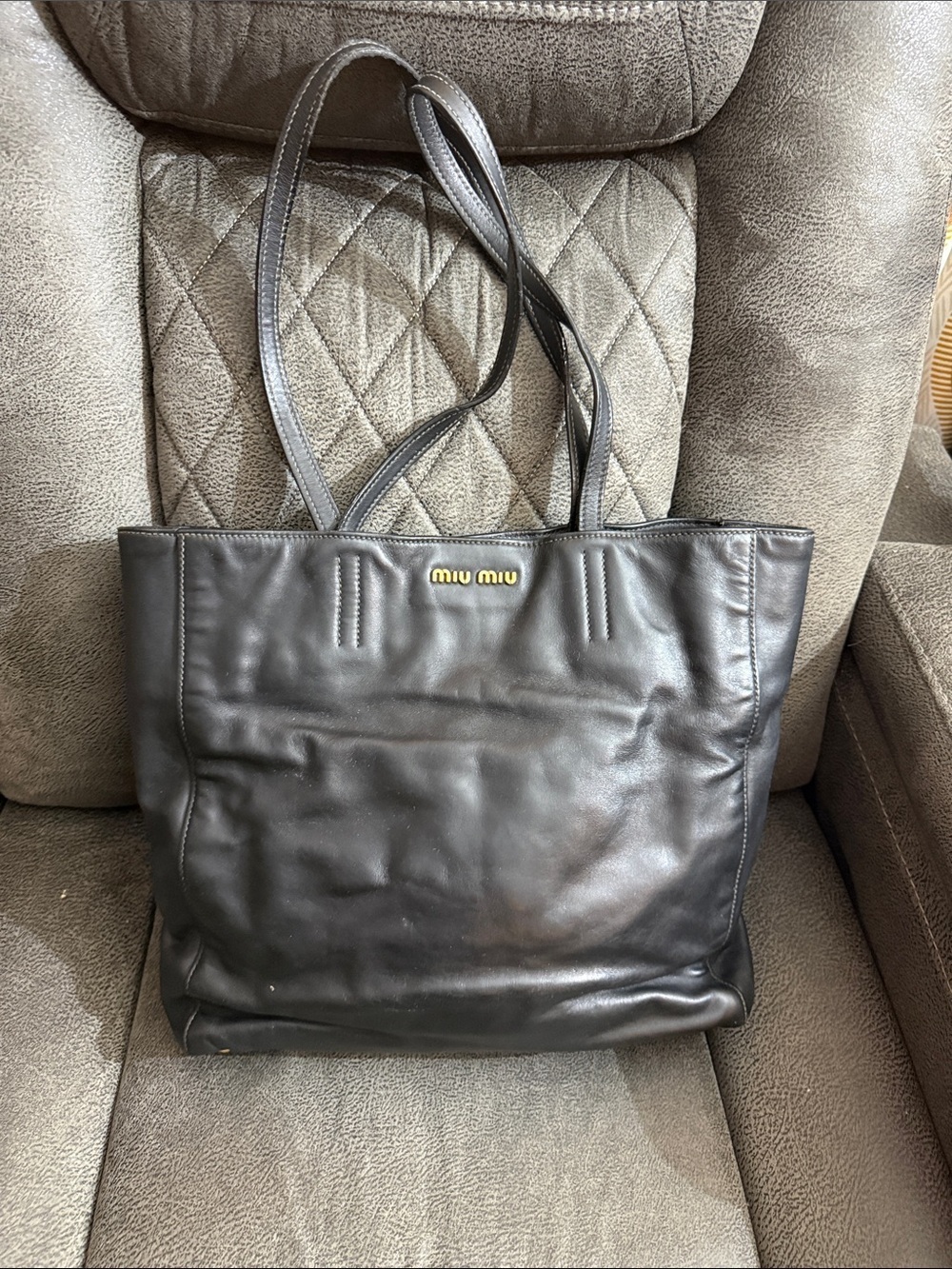 Miu Miu Black Leather Shoulder Tote with Gold Logo